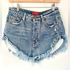 Signature8 Distressed Frayed Cut‎ Off High-Rise Button Fly Jean Shorts Sz Medium